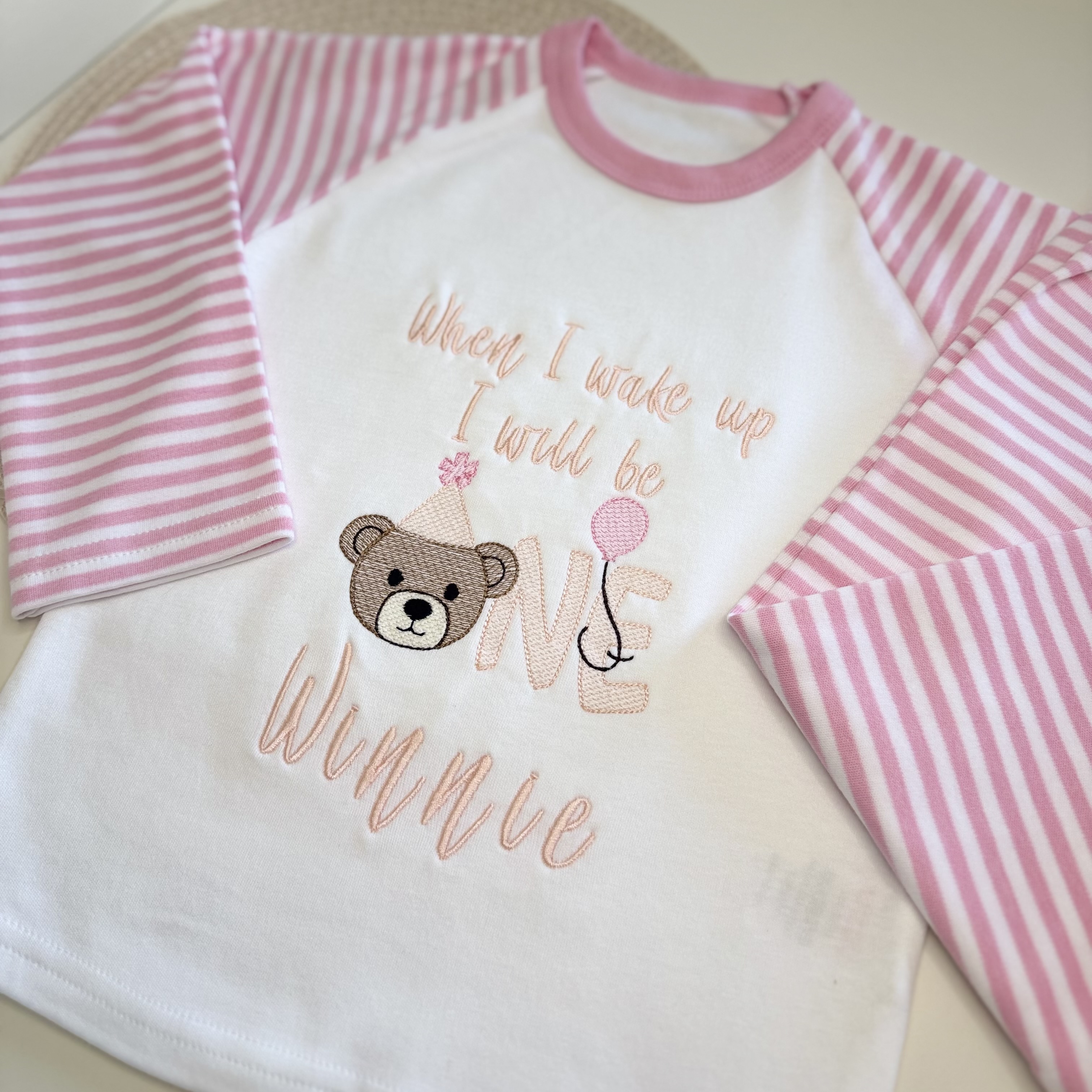 Personalised Pink Bear Striped First Birthday Pyjamas
