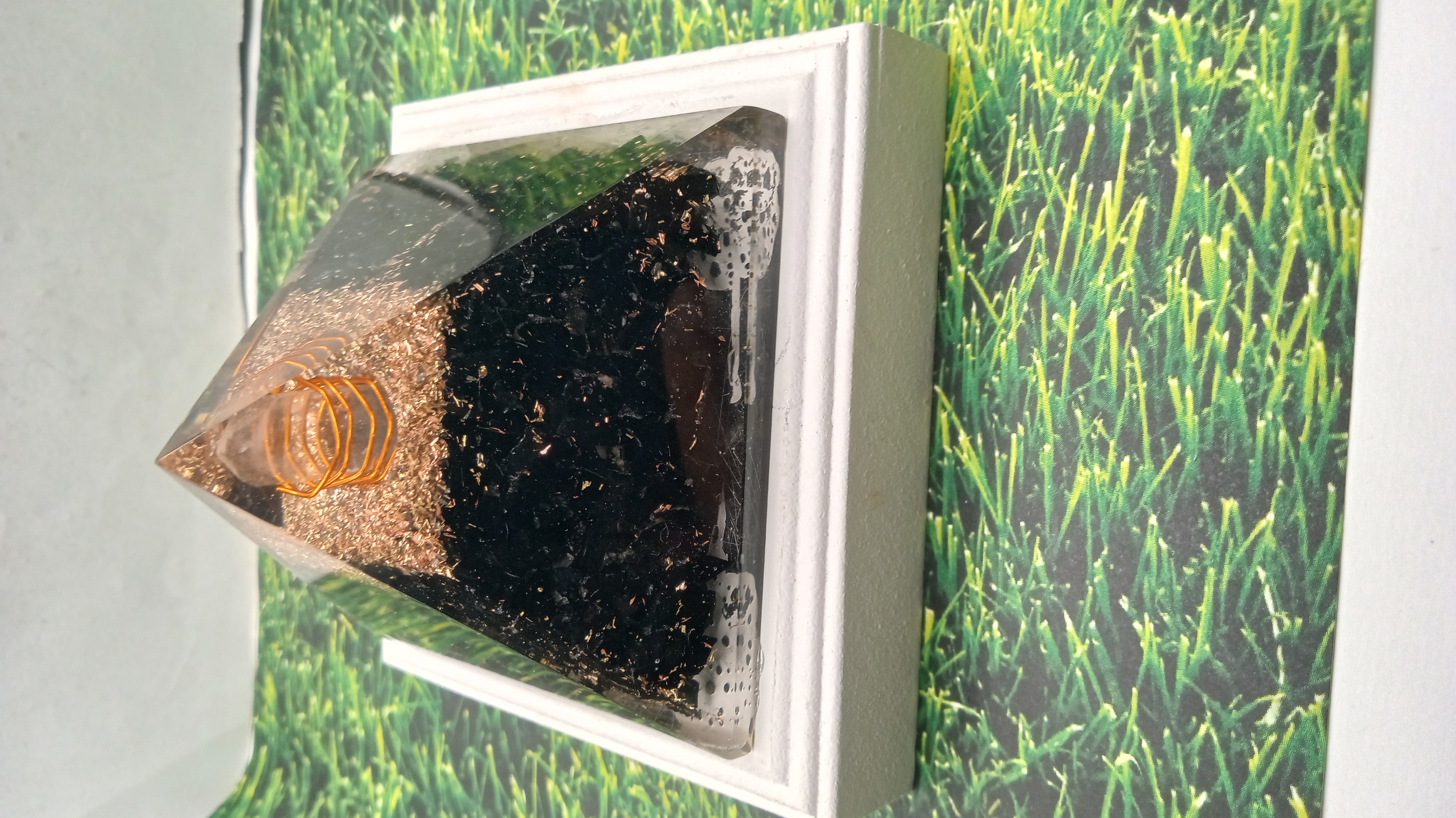 Beautiful Copper Coil Pyramid on White Wood Stand ~