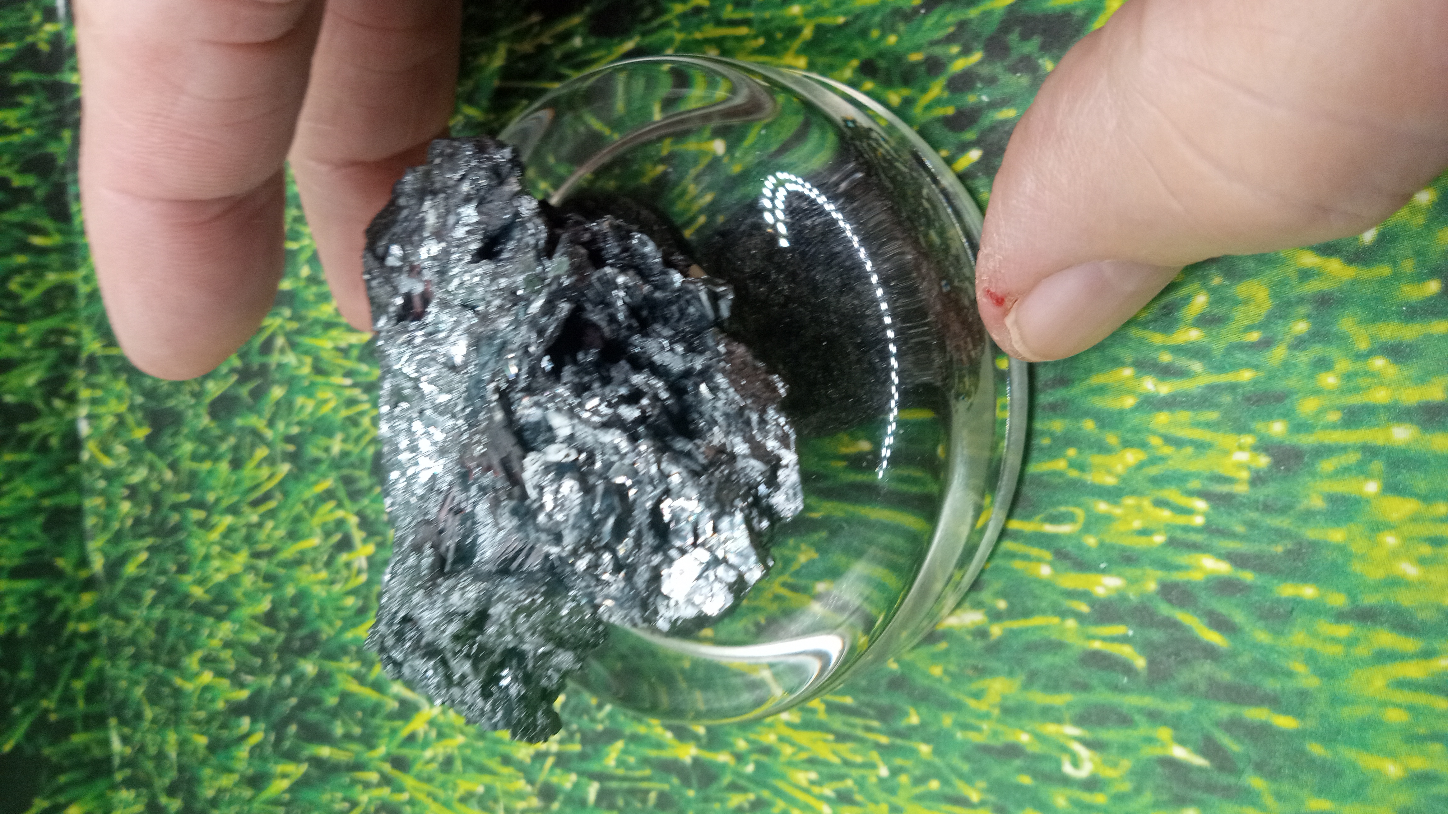 Beautiful Black & Silver Pyrite Find on Clear Glass Stand ~