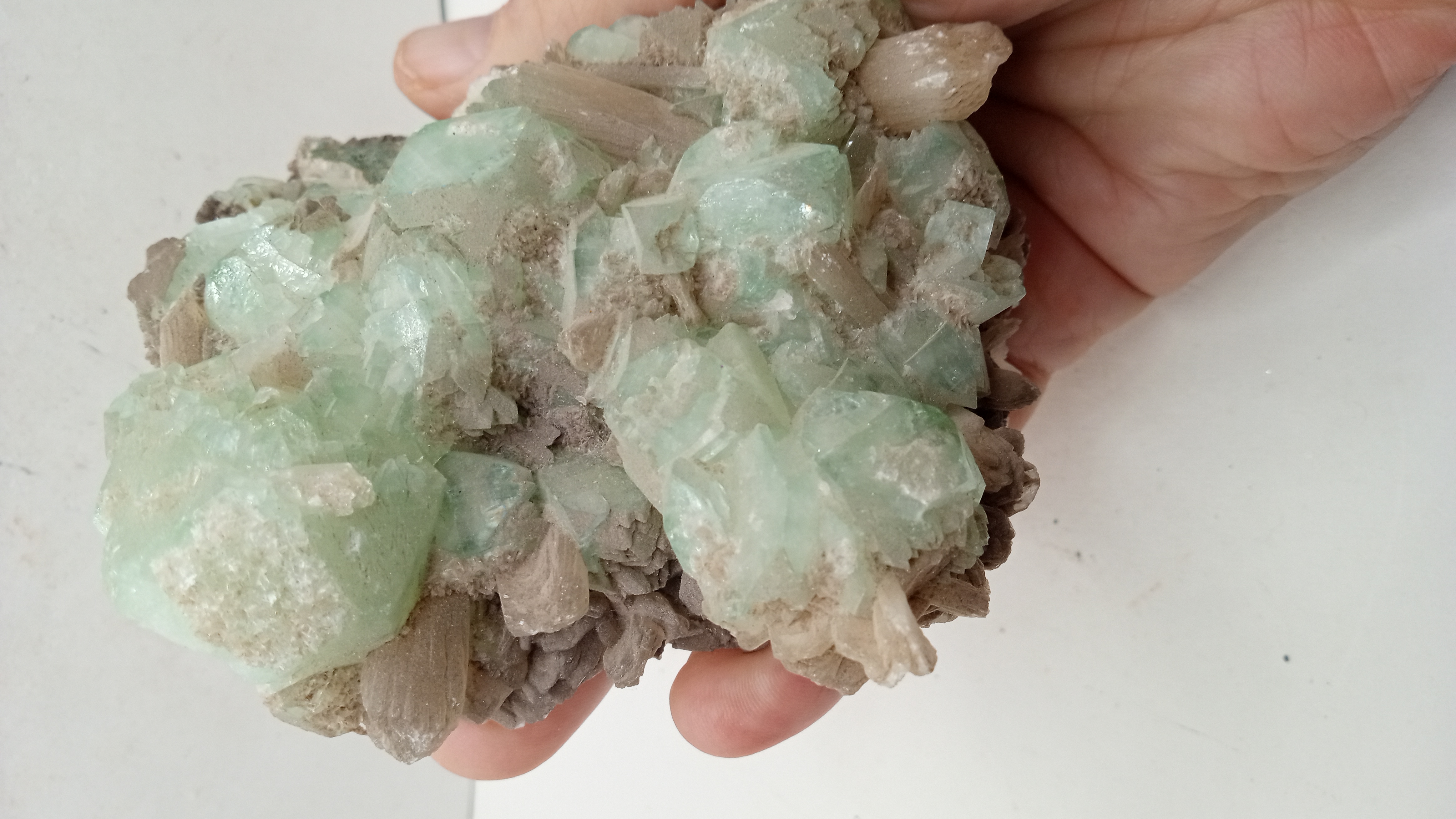 Stilbite with green calcite (often associated with green apophyllite)