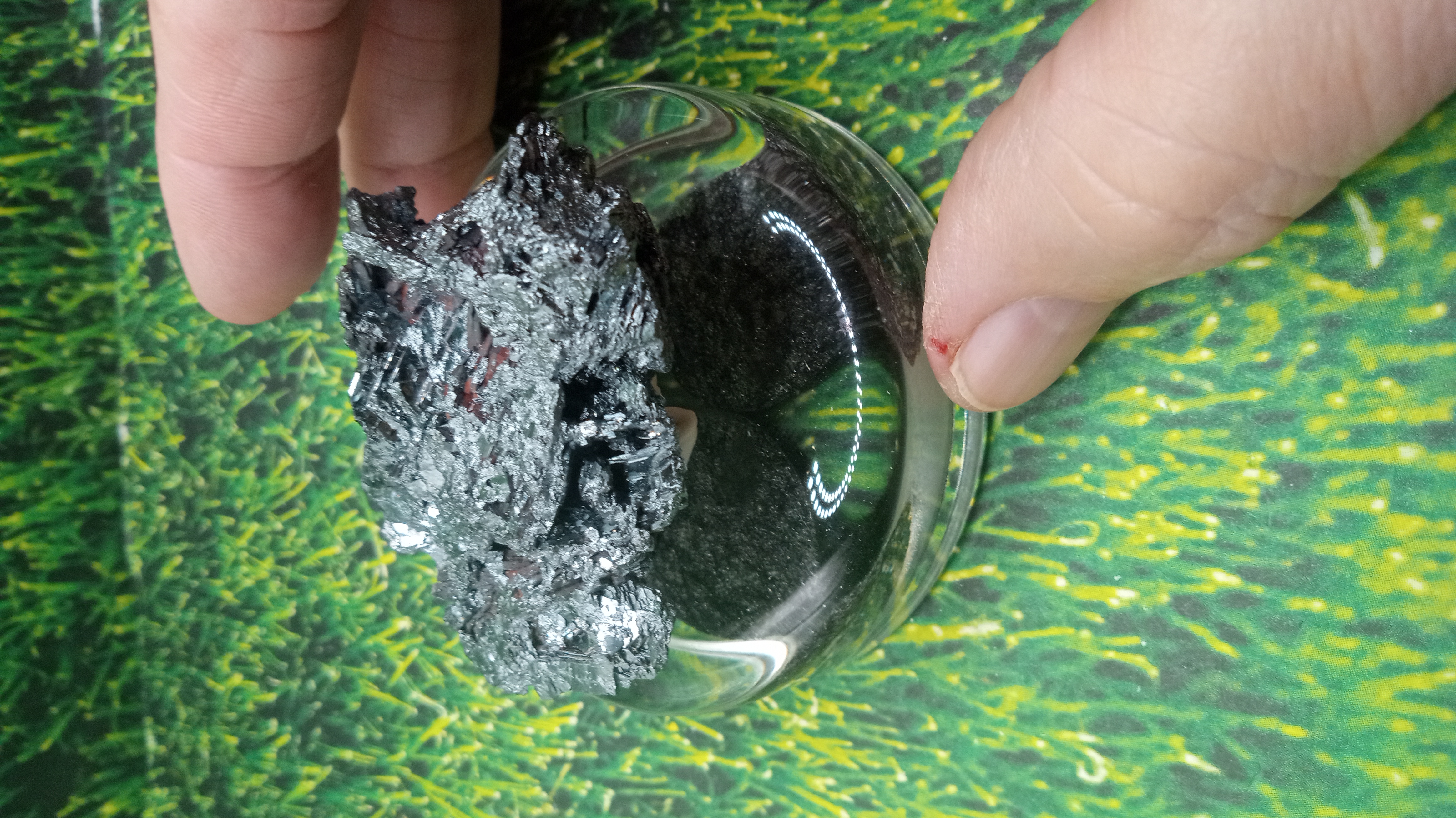 Beautiful Black & Silver Pyrite Find on Clear Glass Stand ~