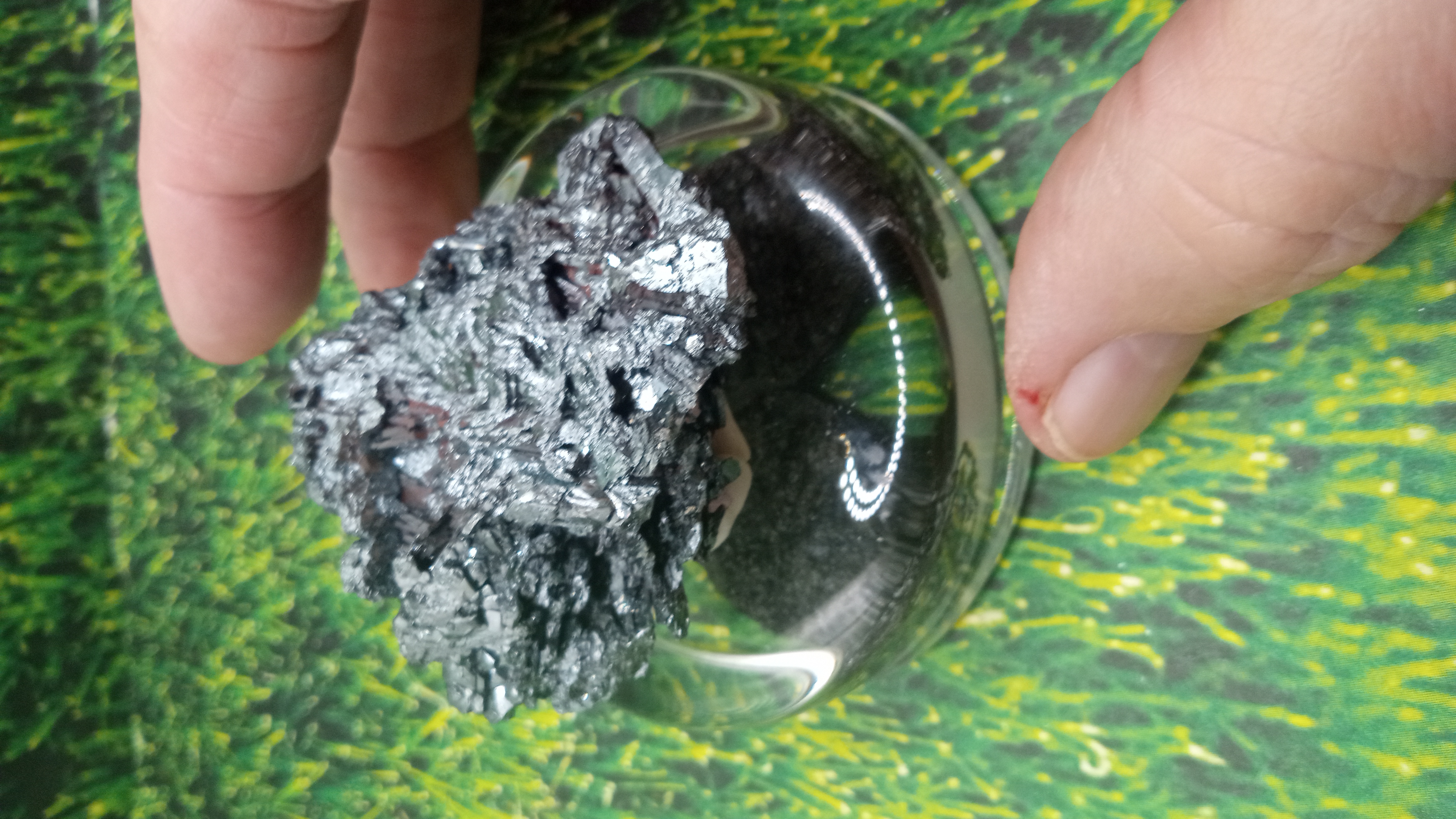 Beautiful Black & Silver Pyrite Find on Clear Glass Stand ~