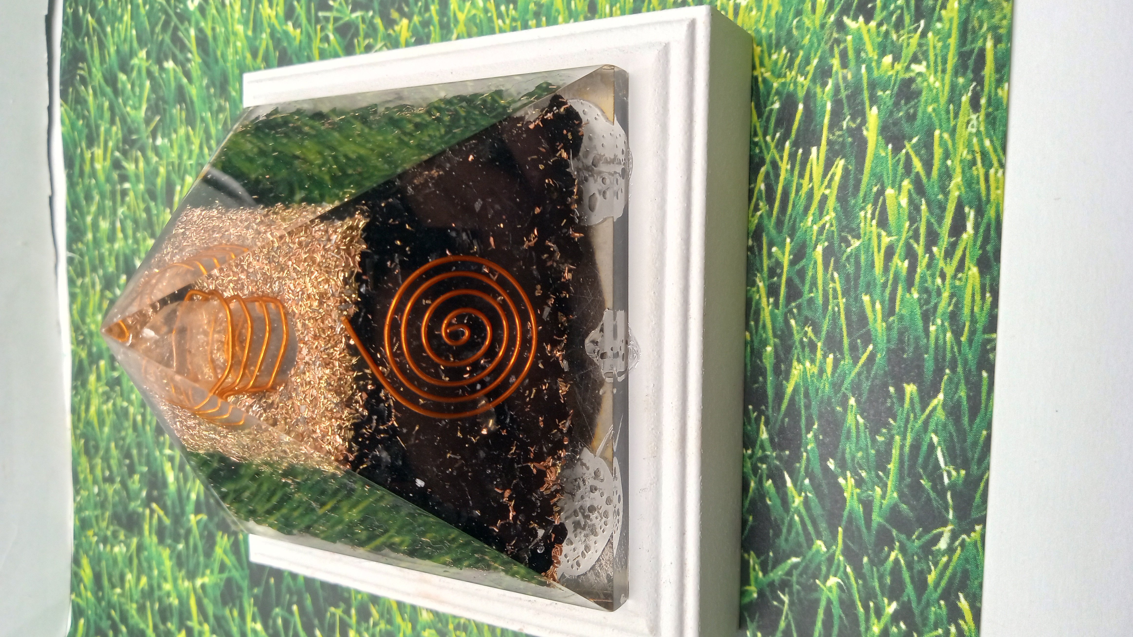 Beautiful Copper Coil Pyramid on White Wood Stand ~