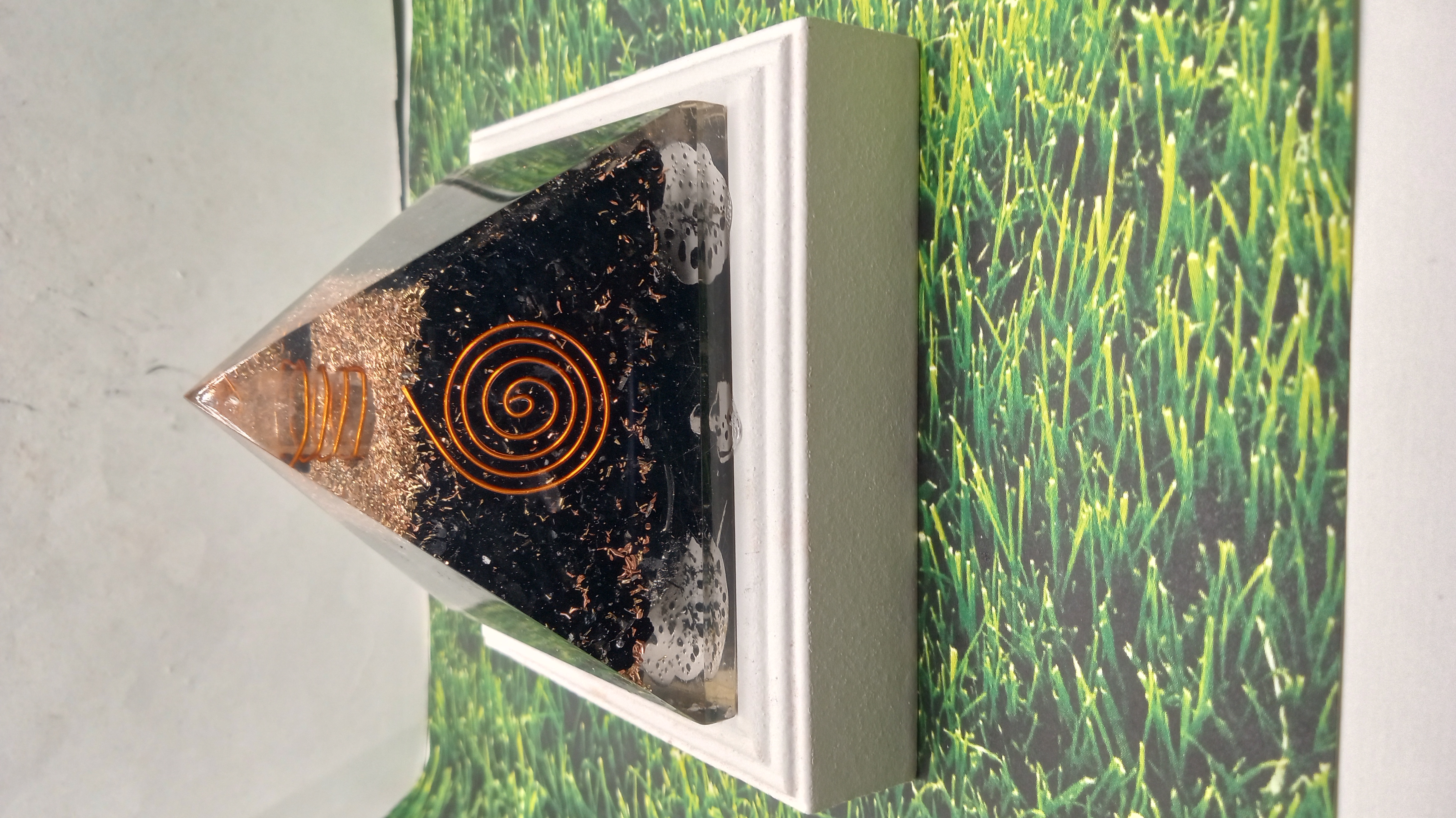 Beautiful Copper Coil Pyramid on White Wood Stand ~