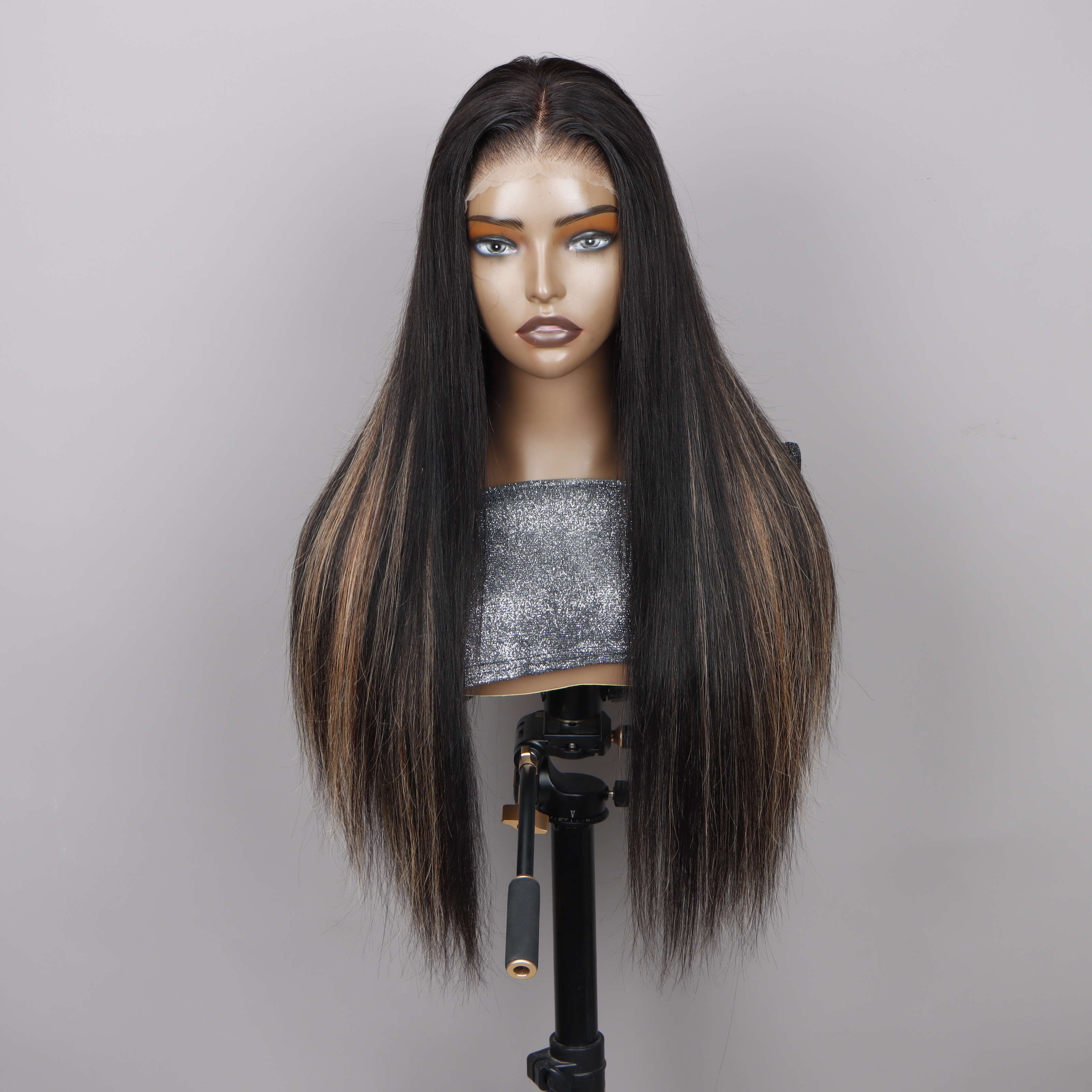 Long Black Wig with Highlights 24 Inches