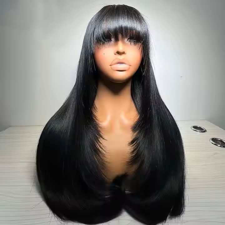 Long Black Wig with Bangs Natural Colour Lace Front
