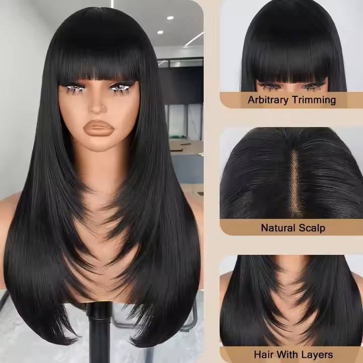 Long Black Wig with Bangs Natural Colour Lace Front