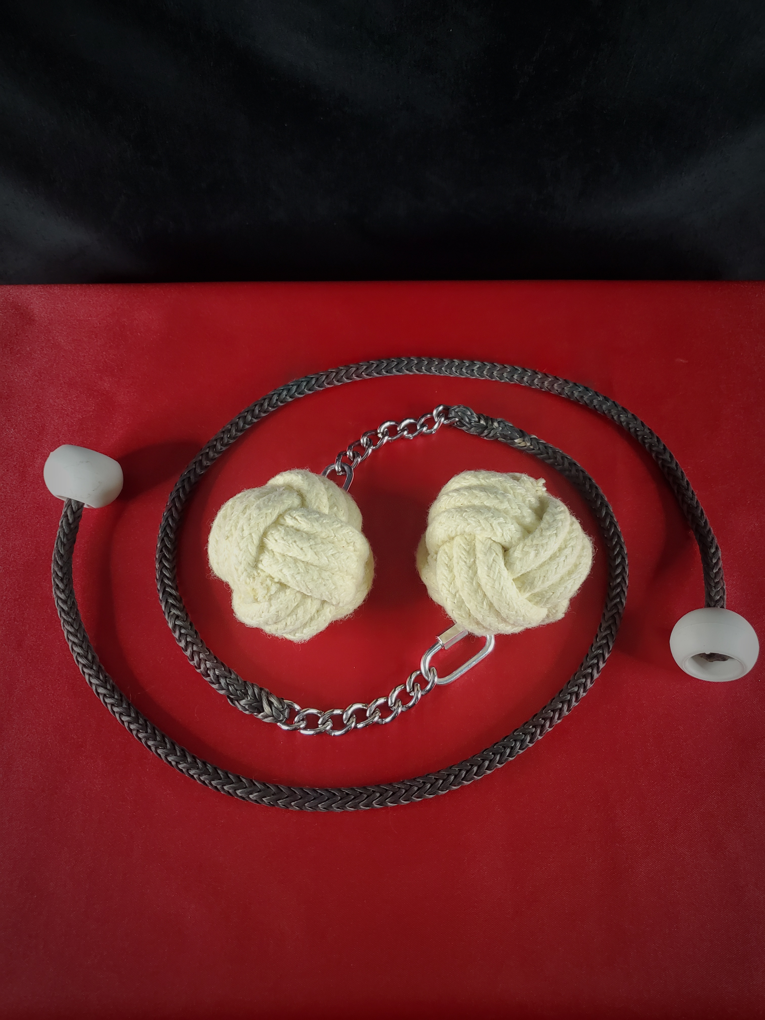 Monkey's Fist Fire Poi with Technora Tethers, Chain and Quick Link Attachment and Play Handles