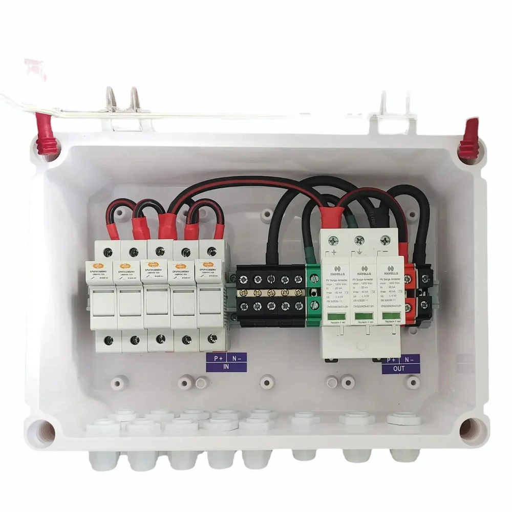 Solar AJB DCDB 5 in 1 out 1000V Inbuilt Elmex Fuses 5 x 20A , Havells SPD 1000V
