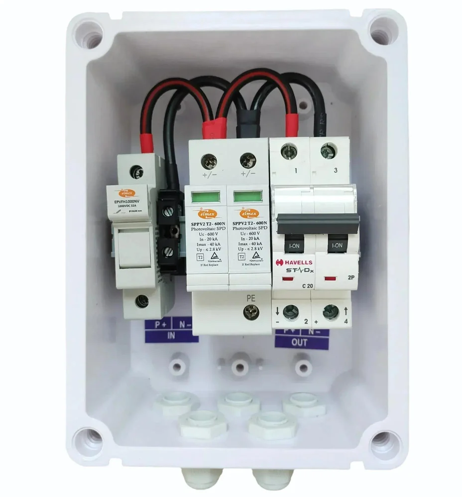 Solar DCDB 1 in 1 Out Inbuilt Elmex DC Fuse 25A, Elmex SPD 600V & Havells DC MCB 32A