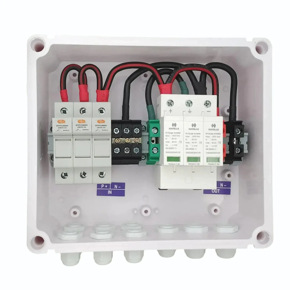 Solar AJB DCDB 3 in 1 Out 1000V Inbuilt Elmex Fuses 3 x 20A, Havells SPD 1000V