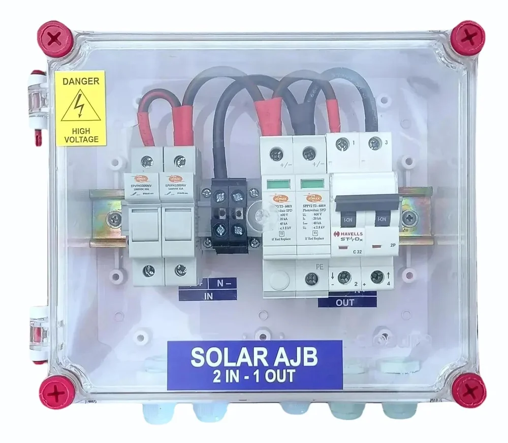 Solar AJB DCDB 2 in 1 out 600V Inbuilt 2 x 20A Fuses elmex, 600V SPD elmex, 32A MCB