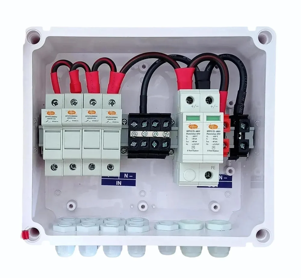 Solar AJB DCDB 4 in 1 out 600V Inbuilt 4 x 20A Fuses elmex, 600V SPD elmex