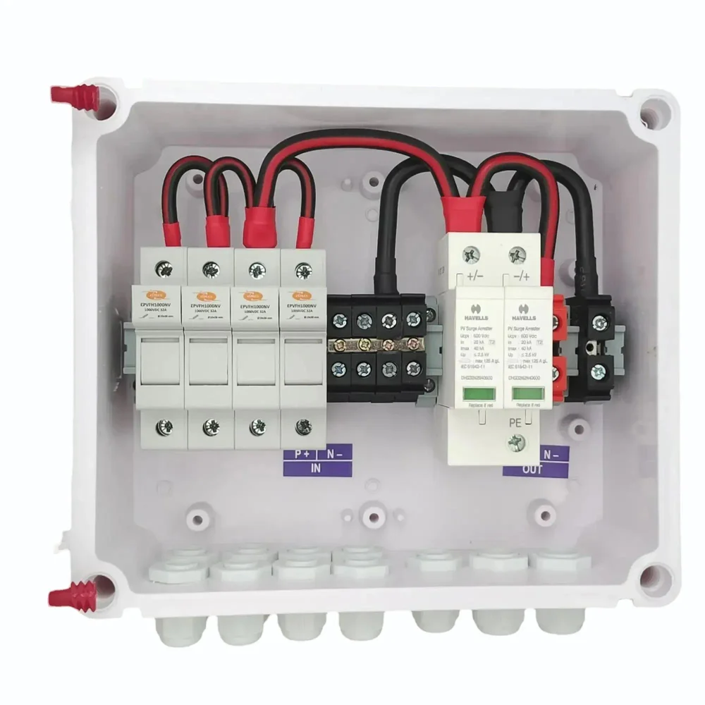 Solar AJB DCDB 4 in 1 out 600V Inbuilt Elmex Fuses 4 x 20A , Havells SPD 600V