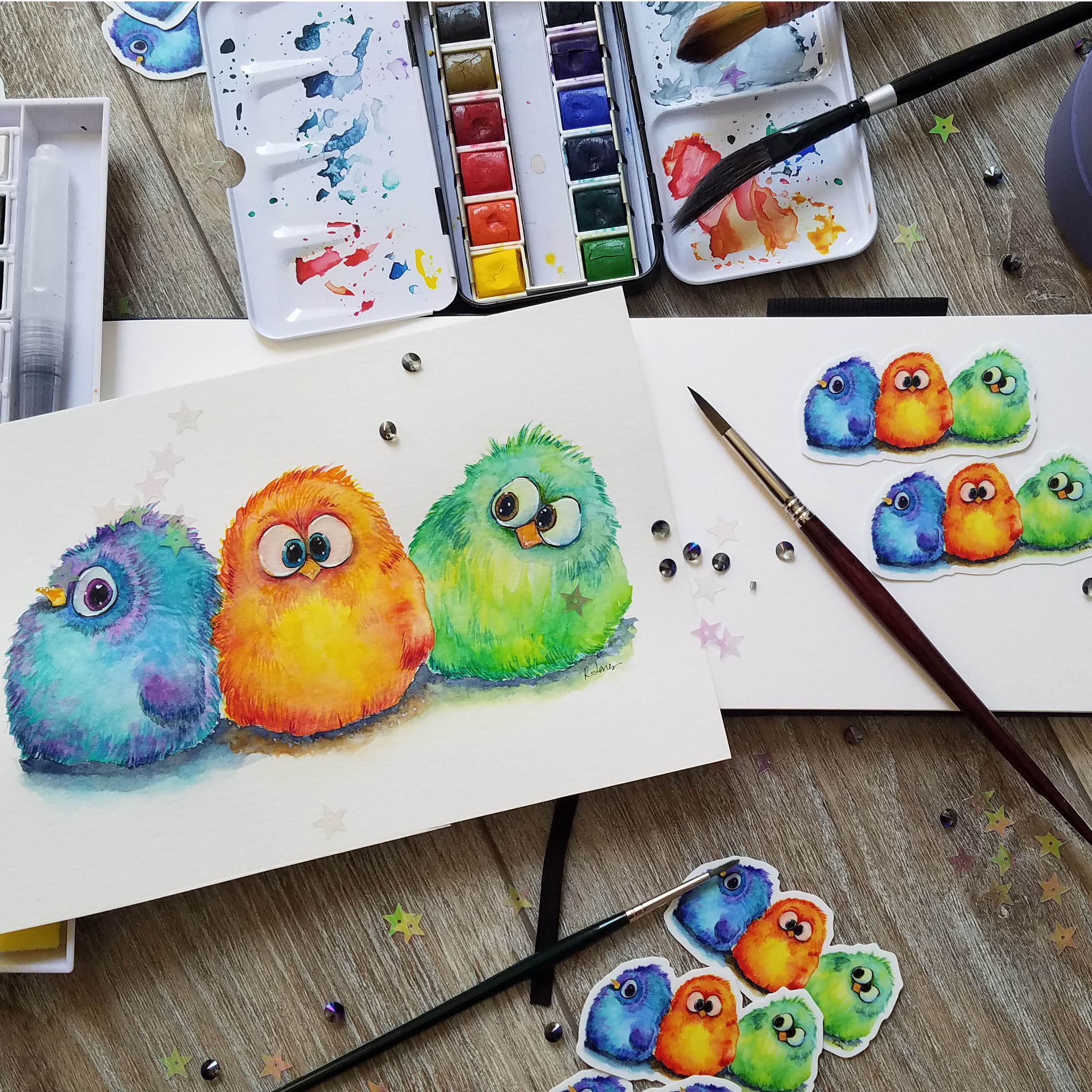 Colorful Plush Cartoon Birds Trio Sticker