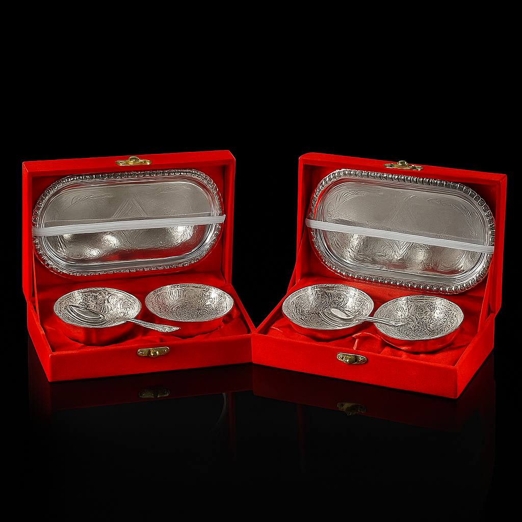 4in1 Silver Premium Gift Set (2 Pcs Bowl ,One Serving Plate & 1 Spoon)
