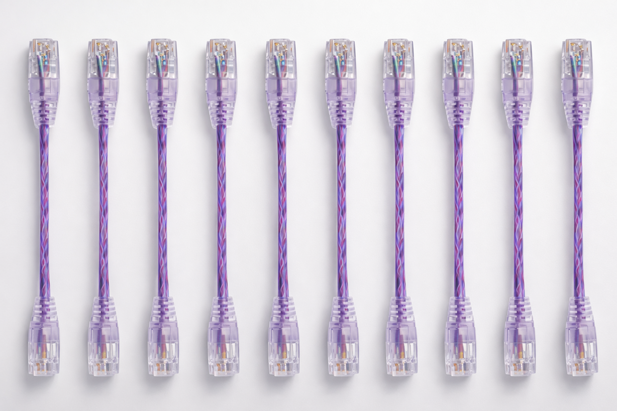 2ft SlimPatch Cat6A Patch Cable - Snagless RJ45, Stranded, 550MHz, UTP 10Gig, 28AWG -  10 Pack Voilet