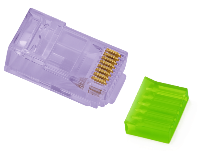 Cat6a/e RJ45 MPTL Crimp Ends - 100 Pack Jar with strain relief- Light Violet Tinge