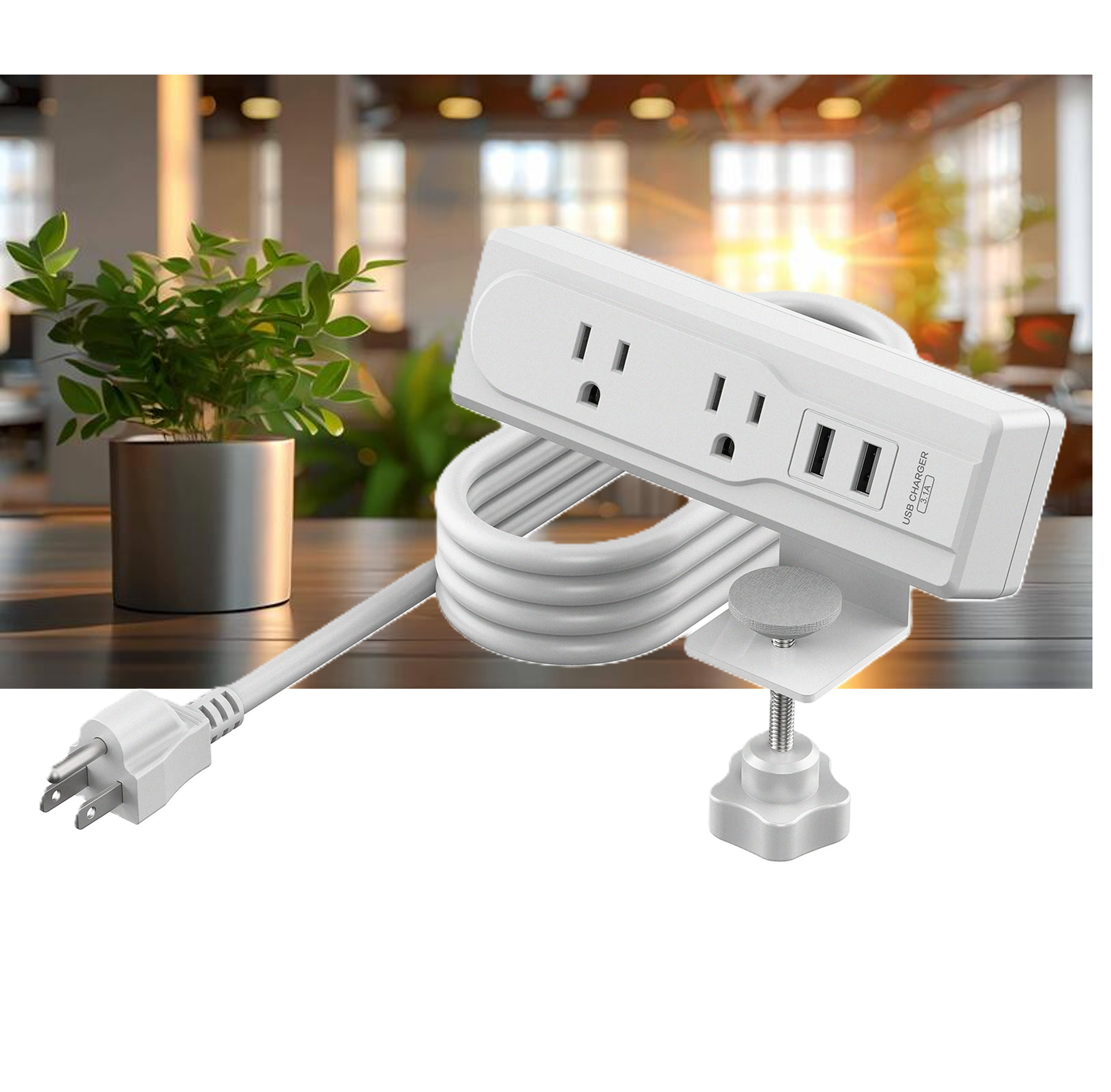 Desk Outlet - Clamp On, 2 Electrical Outlets with cord, 2 USB - White