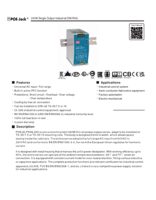 240 Watt, 48vDC Industrial DIN Rail Power Supply cUL