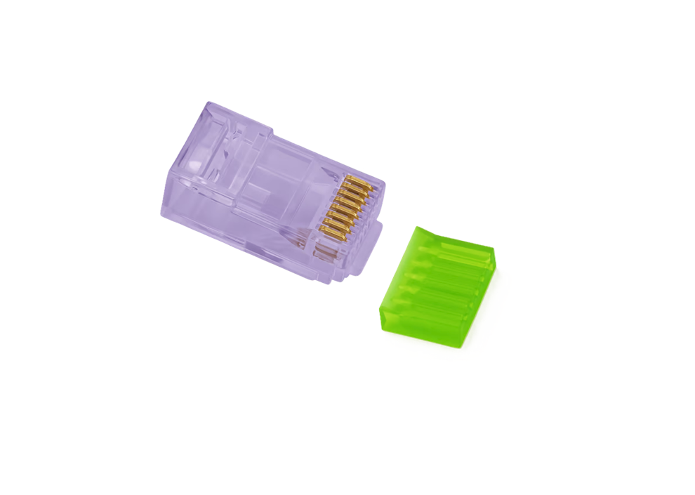 Cat6a/e RJ45 MPTL Crimp Ends - 100 Pack Jar with strain relief- Light Violet Tinge