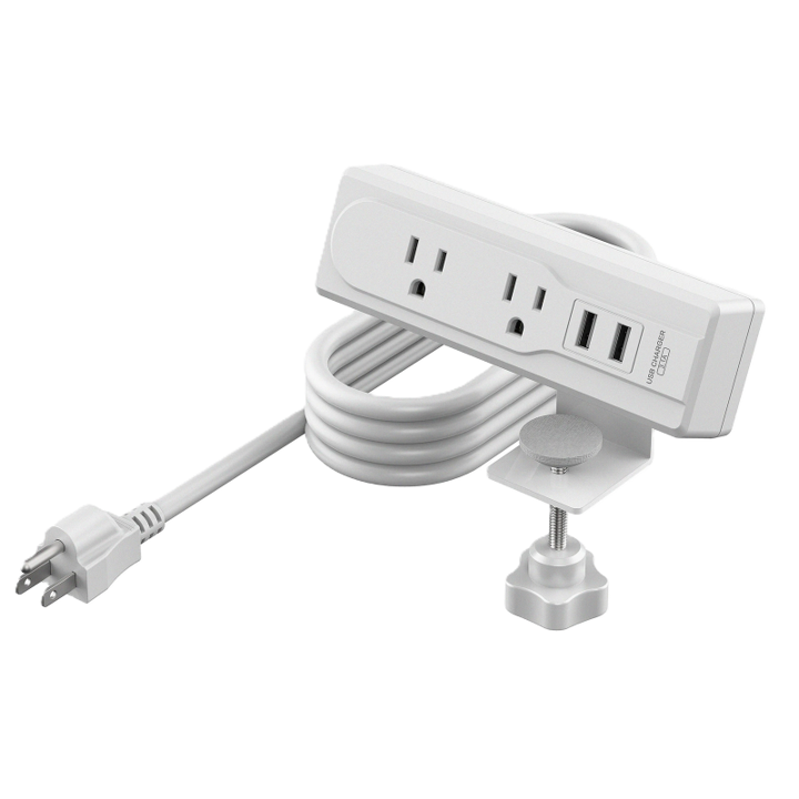 Desk Outlet - Clamp On, 2 Electrical Outlets with cord, 2 USB - White