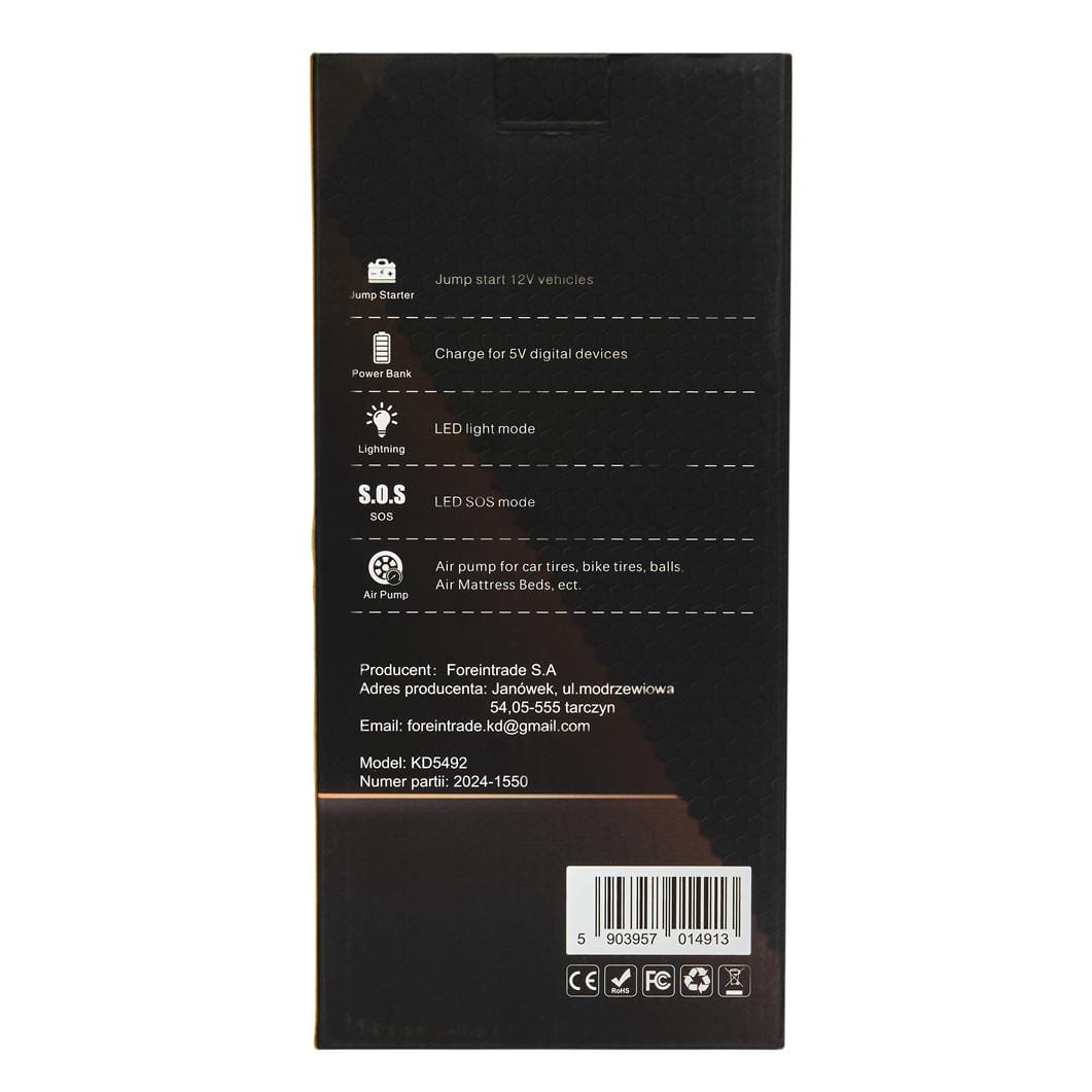 Daugiafunkcis įrenginys / automobilio paleidiklis / nešiojamoji baterija ( powerbank ) / oro kompresorius, LED žibintas KD5492, 1200A, 12 V, 10000 mAh