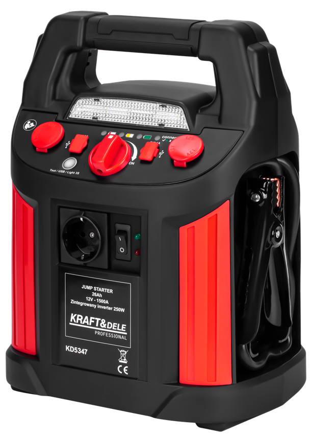 Užvedimo / įkrovimo stotelė / 220-230 V keitiklis 250 W, su oro kompresoriumi, su apšvietimo prožektoriumi Kraft & Dele JUMP STARTER KD5347, 1200/700A 26Ah powerbank