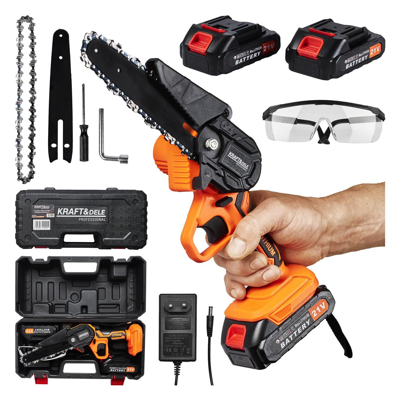 Akumuliatorinis grandininis pjūklas Kraftdele, su 2 baterijomis ir įkrovikliu