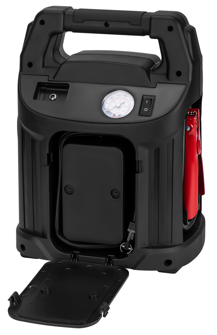 Užvedimo / įkrovimo stotelė / 220-230 V keitiklis 250 W, su oro kompresoriumi, su apšvietimo prožektoriumi Kraft & Dele JUMP STARTER KD5347, 1200/700A 26Ah powerbank