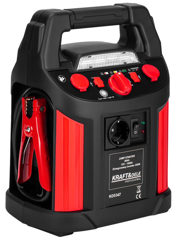 Užvedimo / įkrovimo stotelė / 220-230 V keitiklis 250 W, su oro kompresoriumi, su apšvietimo prožektoriumi Kraft & Dele JUMP STARTER KD5347, 1200/700A 26Ah powerbank