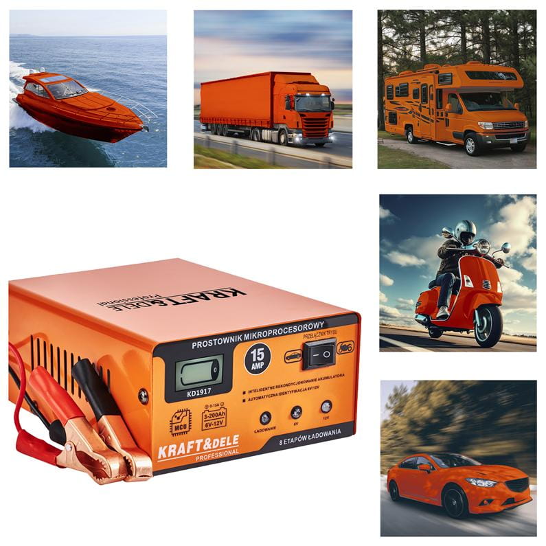 Impulsinis akumuliatoriaus įkroviklis su mikroprocesoriumi KD1917, 15A 6/12V 