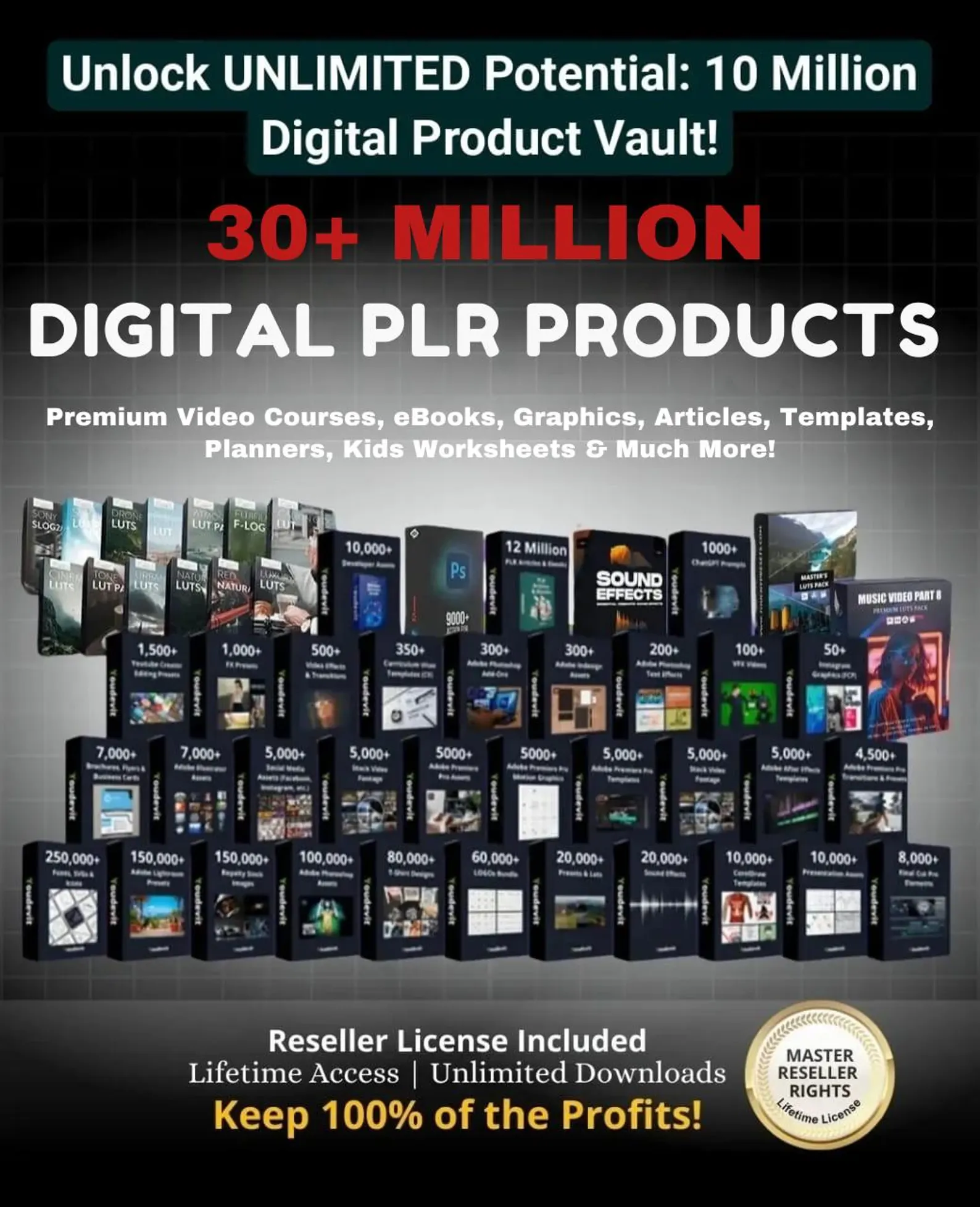 30+ Million Digital Products Bundle Resell MRR PLR, Digital Downloads, passive income, Luxury Reel, AI Prompt, Faceless Social Media Post