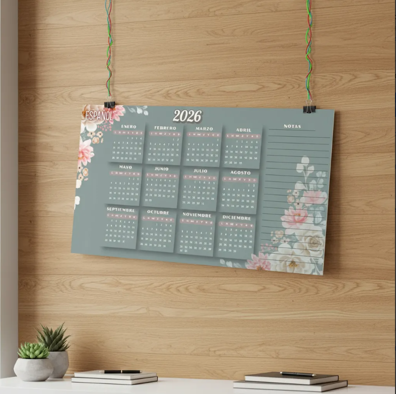 Calendario Floral 2026 imprimible de pared 2 en 1 – Español e Inglés