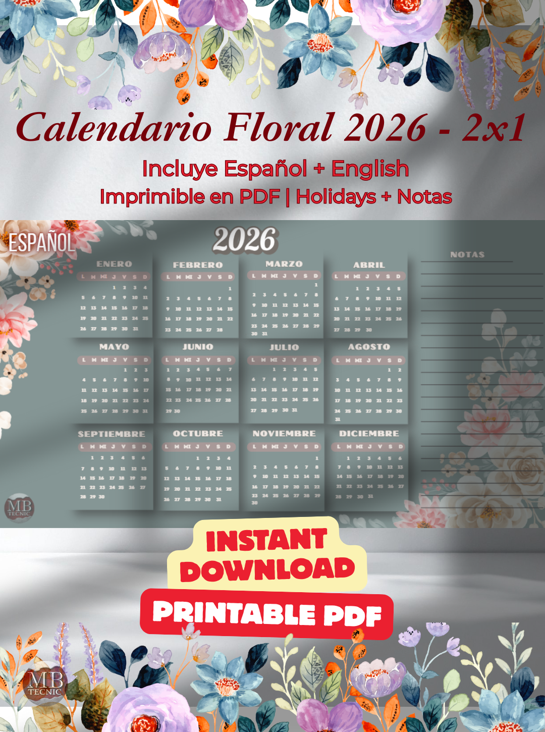 Calendario Floral 2026 imprimible de pared 2 en 1 – Español e Inglés