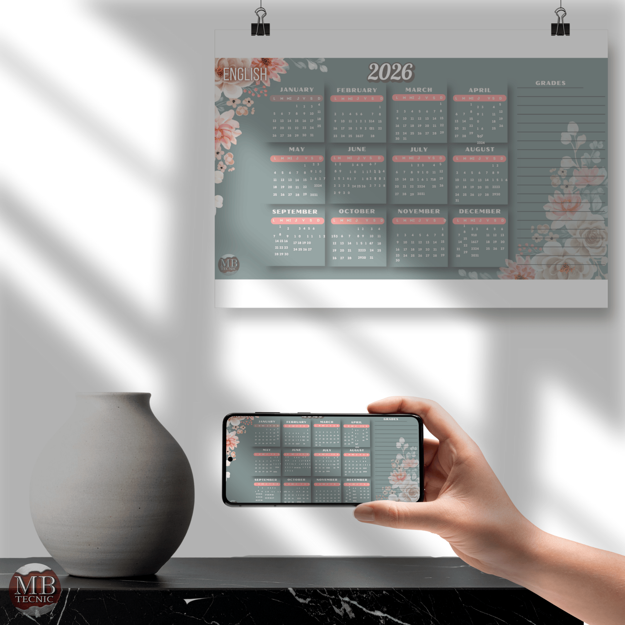 Calendario Floral 2026 imprimible de pared 2 en 1 – Español e Inglés