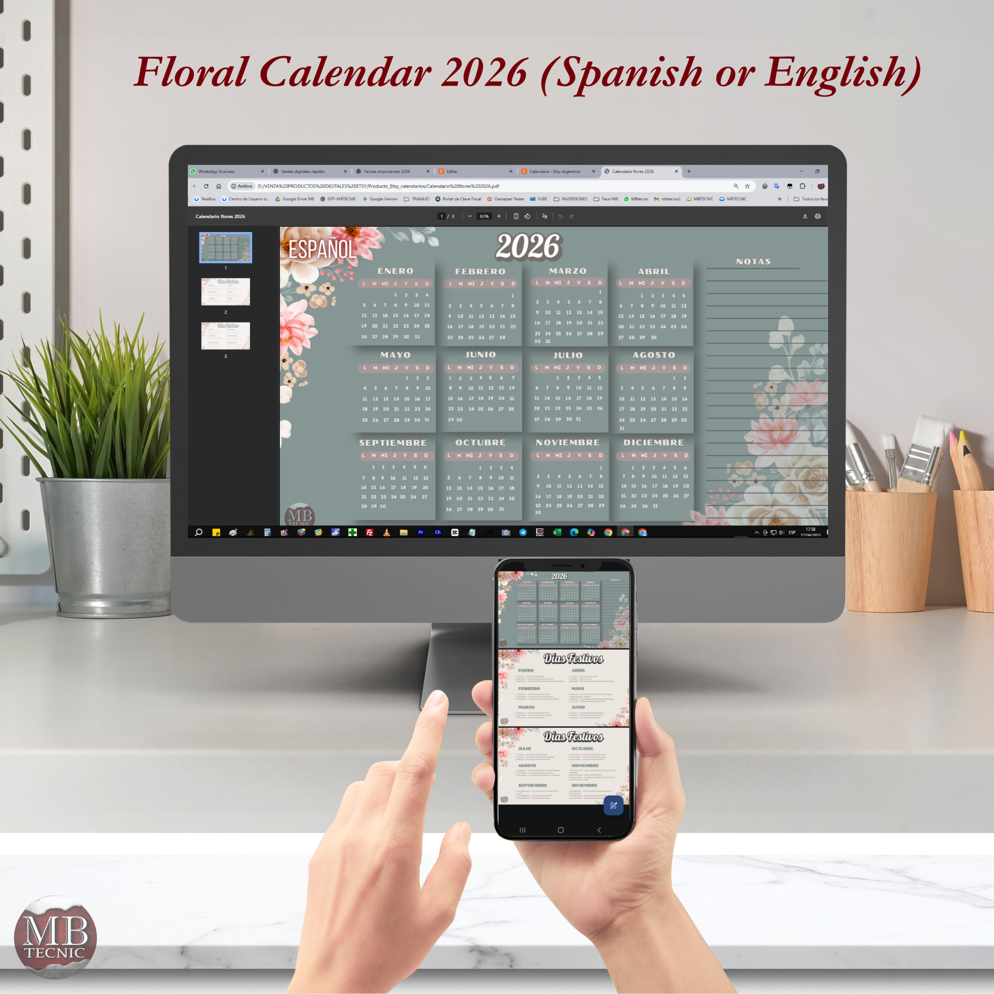 Calendario Floral 2026 imprimible de pared 2 en 1 – Español e Inglés