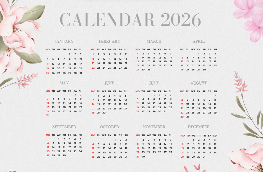 20-Calendario Flores 2026 (Ingles)-Simple