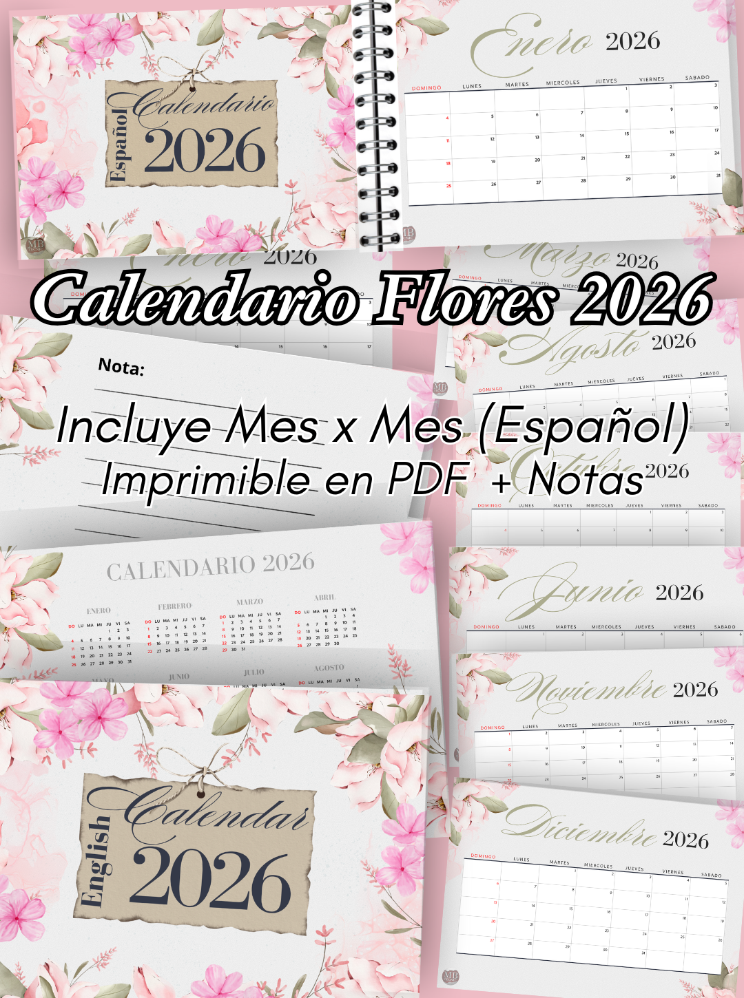 Calendario con flores 2026 mensual imprimible PDF - 3 en 1