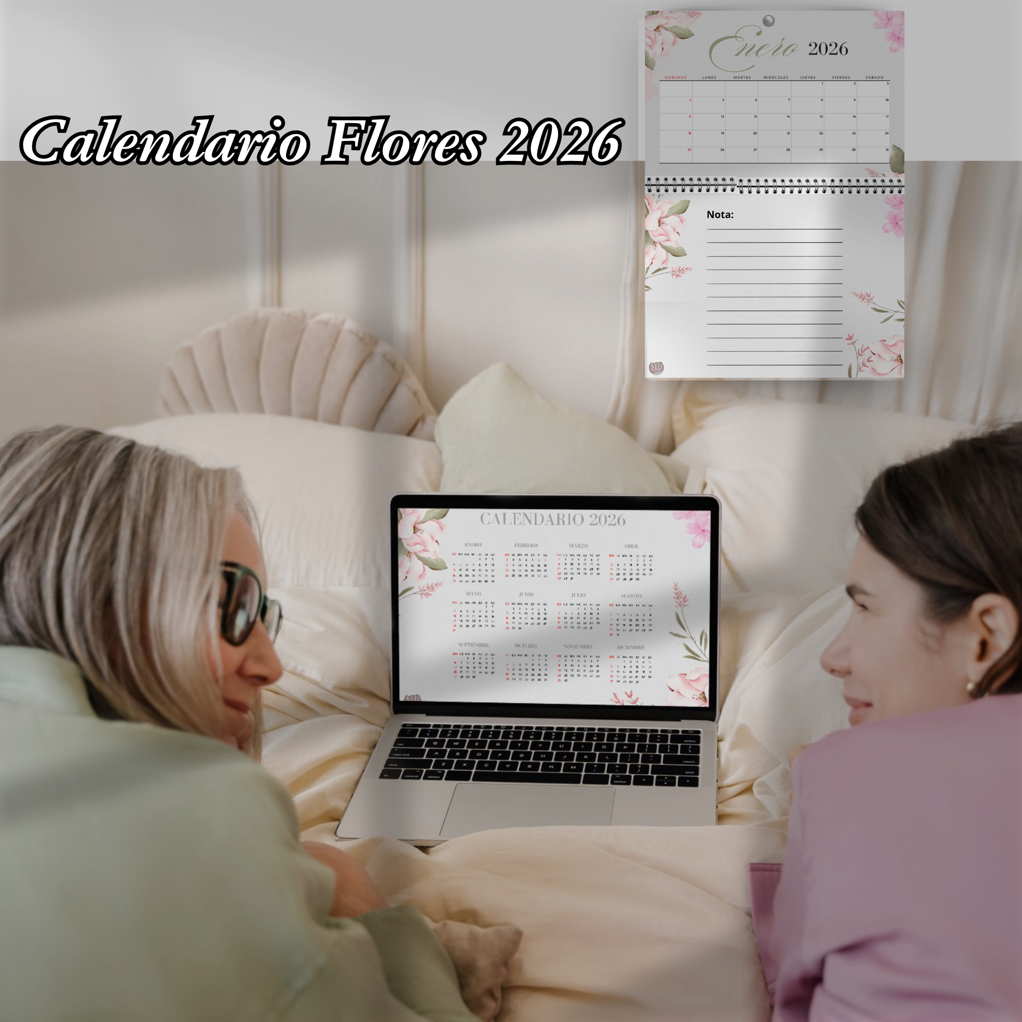 Calendario con flores 2026 mensual imprimible PDF - 3 en 1