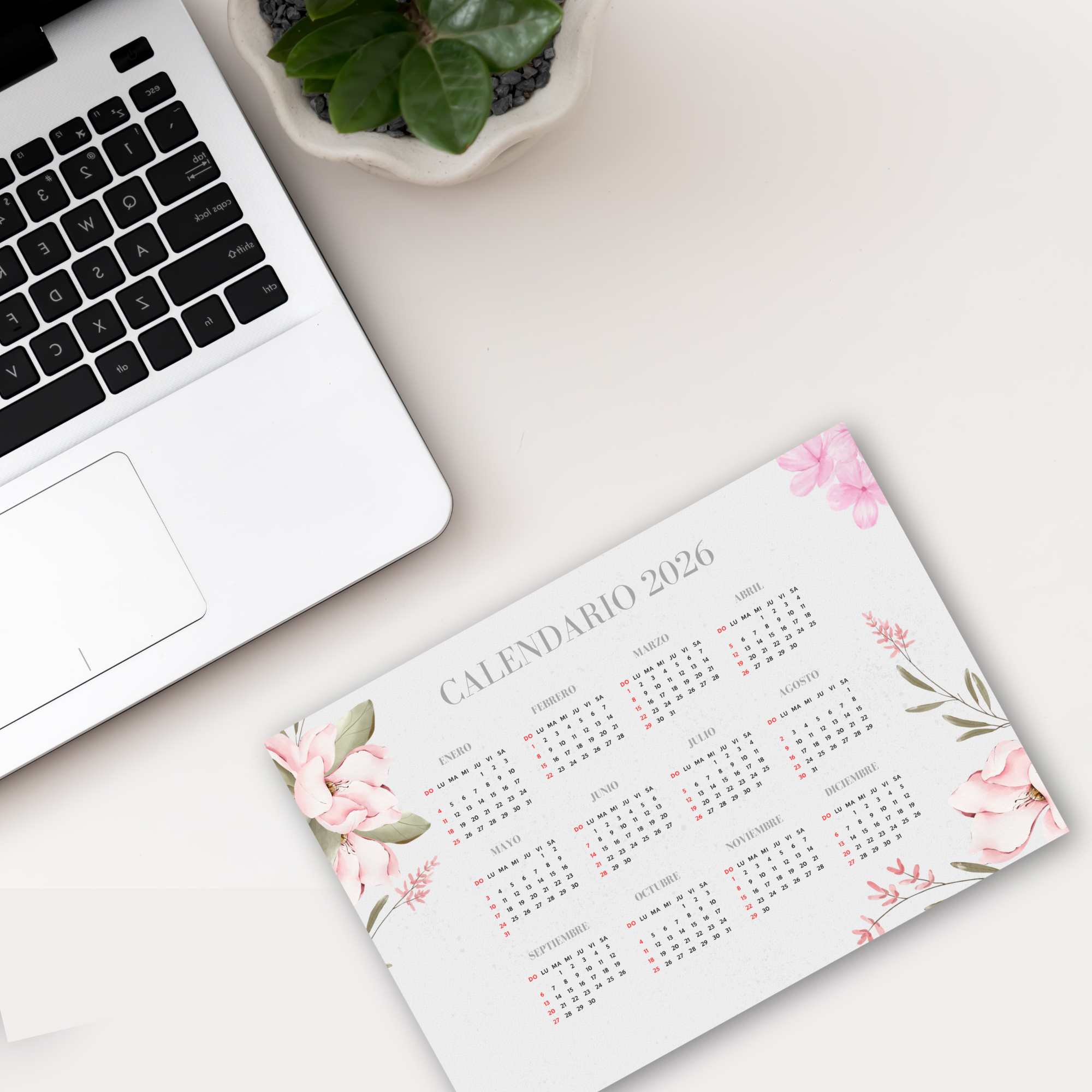 Calendario con flores 2026 mensual imprimible PDF - 3 en 1