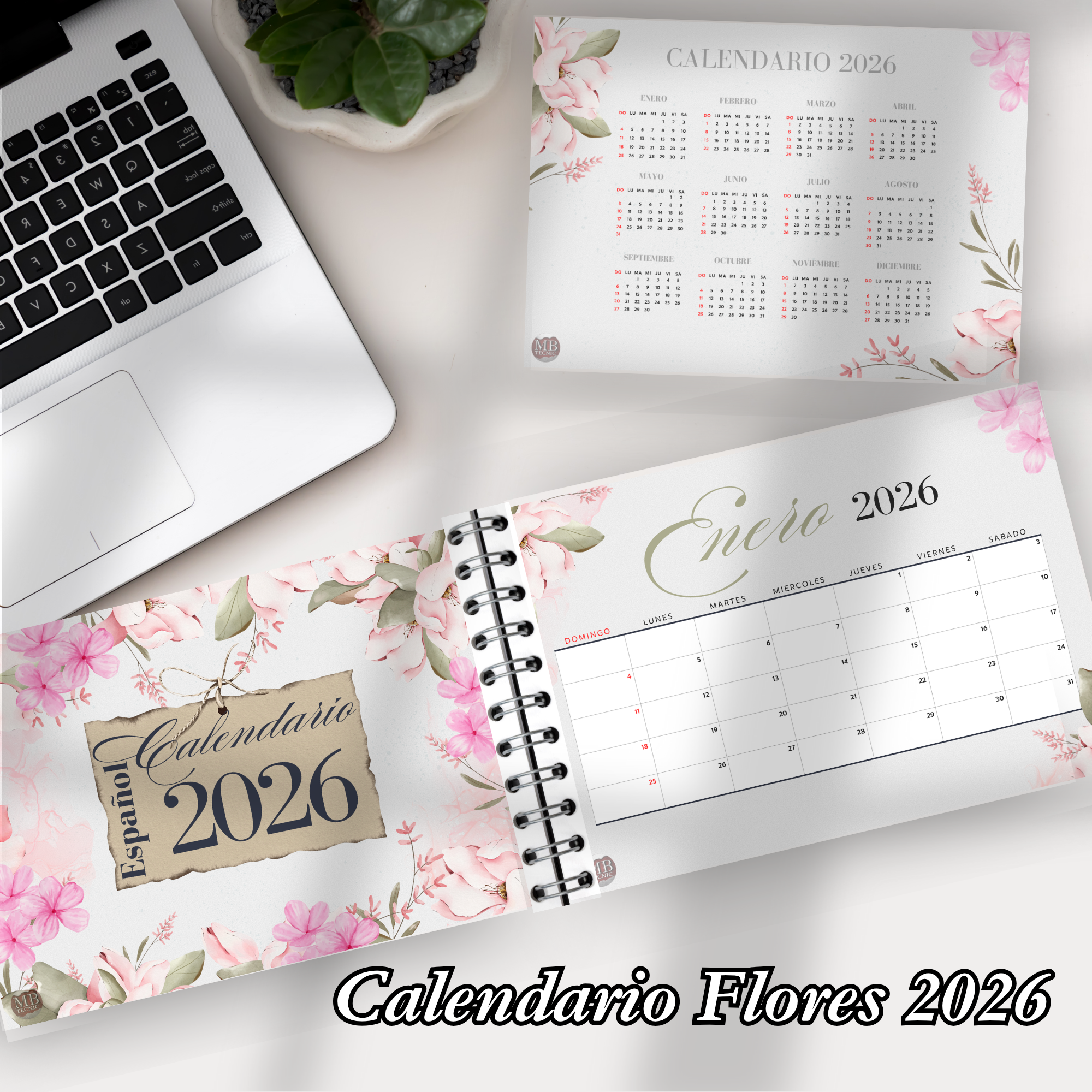 Calendario con flores 2026 mensual imprimible PDF - 3 en 1