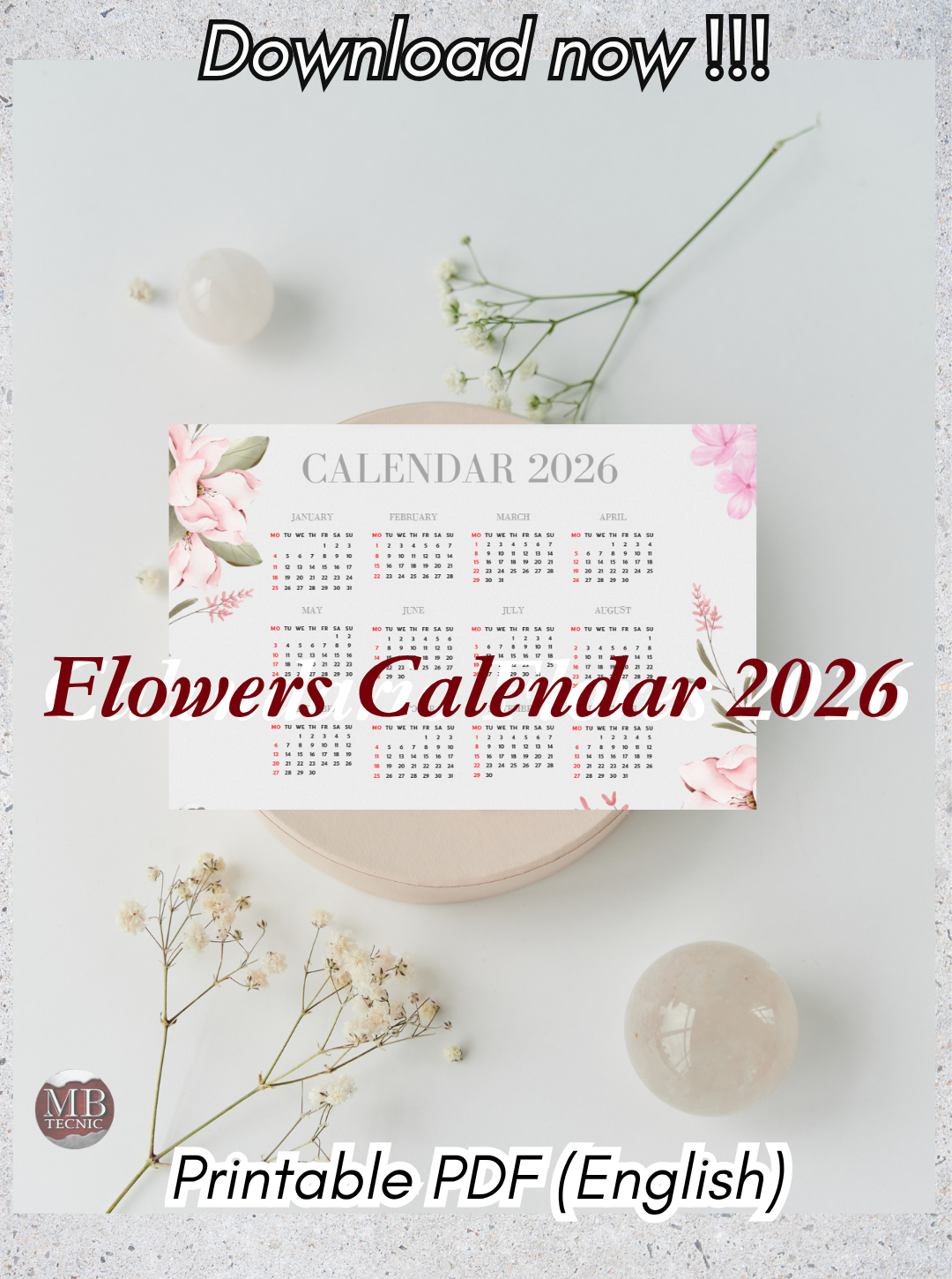 20-Calendario Flores 2026 (Ingles)-Simple