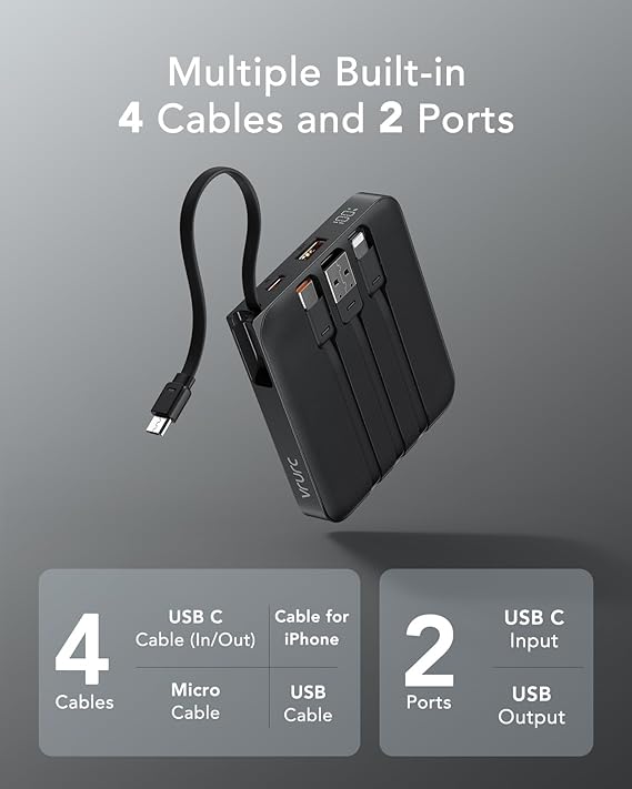 VRURC Portable Charger with Built-in Cable, 10000mAh 22.5W Fast Charging USB C Battery Pack, Cell Phone Power Bank for iPhone 16 15 14 Samsung Galaxy S24 S23 Series Android Tablet, Black(1 Pack)