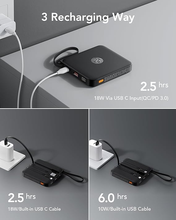 VRURC Portable Charger with Built-in Cable, 10000mAh 22.5W Fast Charging USB C Battery Pack, Cell Phone Power Bank for iPhone 16 15 14 Samsung Galaxy S24 S23 Series Android Tablet, Black(1 Pack)