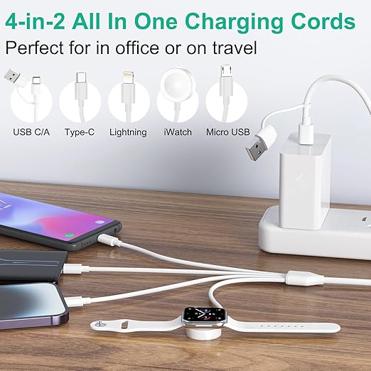 Multi Charging Cable 4 in 2 for Apple Watch Charger i-Phone, Travel 4 in 2 Watch & Phone Charger with iOSPorts/Type C/Micro USB Port Compatible with iWatch/iPhone 16 15/Galaxy Android-6FT