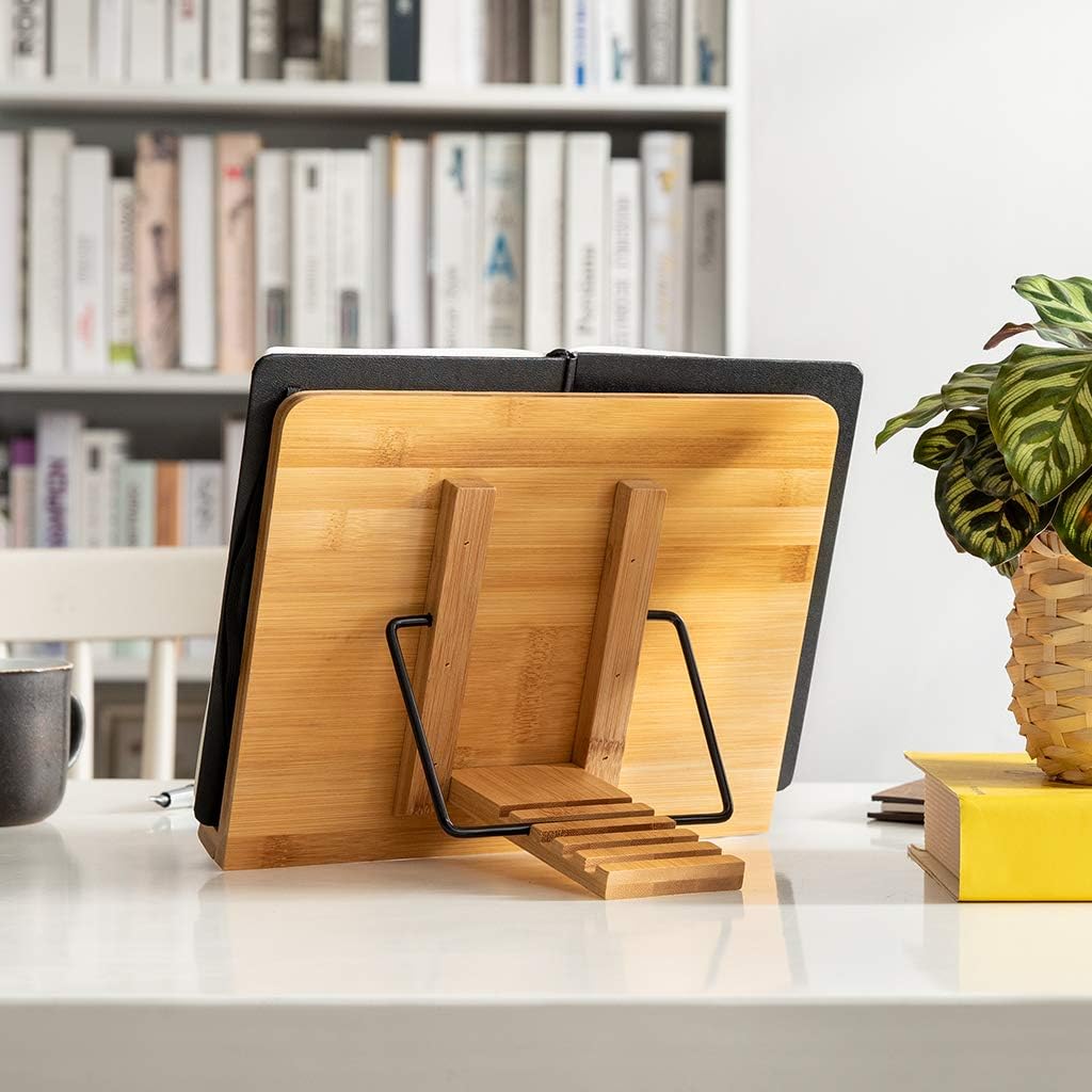 wishacc Bamboo Book Stand Cookbook Holder with 5 Adjustable Height 13.2 x 9.2