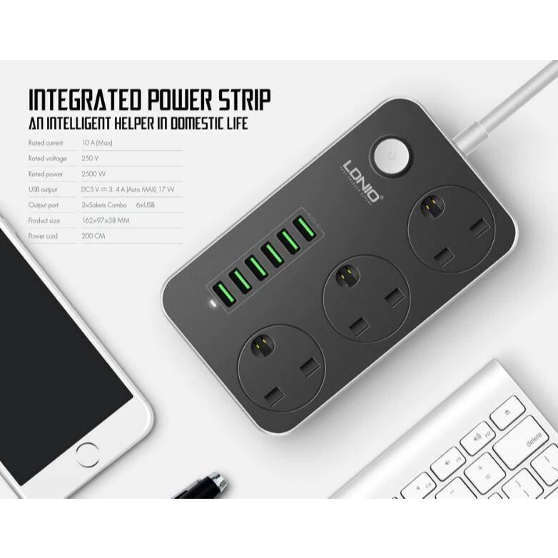 UK-3pin Power Extension with 6 USB Ports & 3 Universal Plug Output