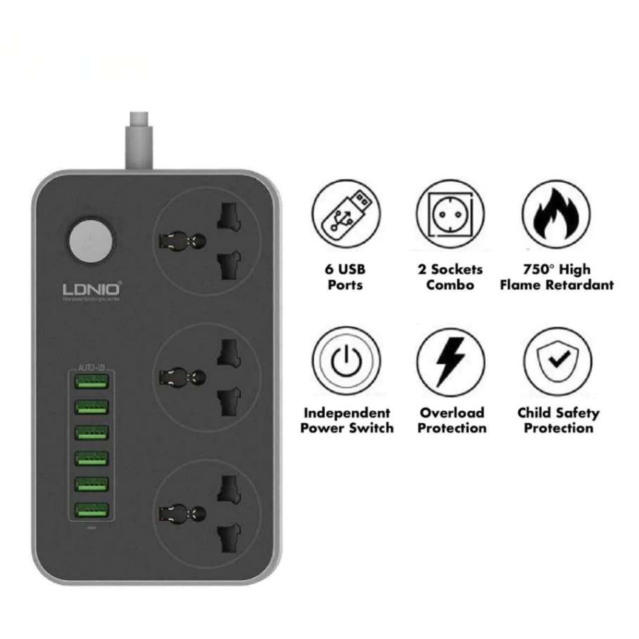 UK-3pin Power Extension with 6 USB Ports & 3 Universal Plug Output