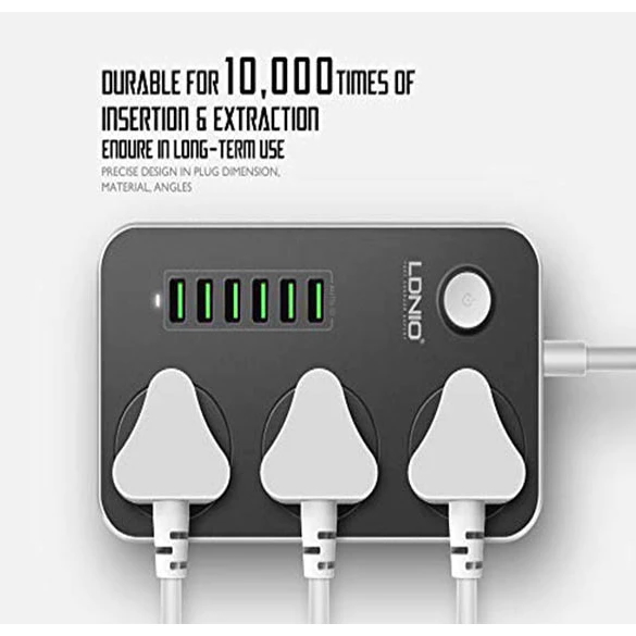 UK-3pin Power Extension with 6 USB Ports & 3 Universal Plug Output